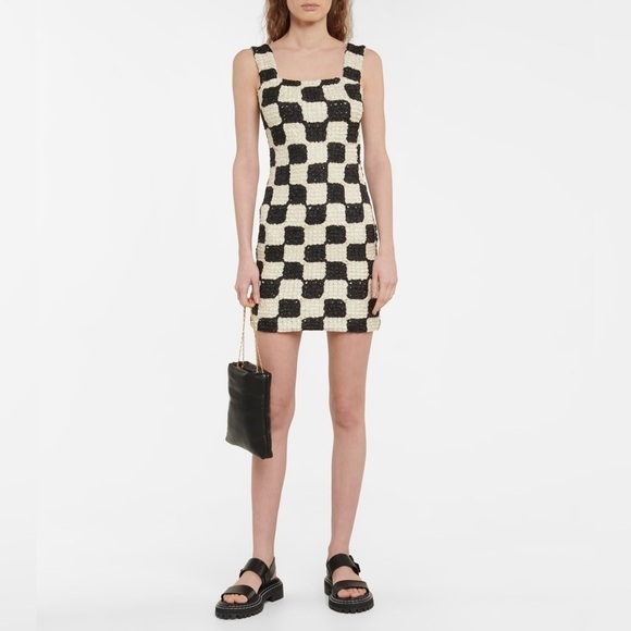 Nanushka Dresses & Skirts - Nanushka Najya Black Cream Checked Square Neck Recycled Ribbons Mini Dress M